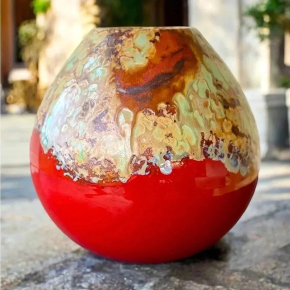 Other - Red Ceramic Drip Glaze Vase 13" Artistic Glossy Marbled Design